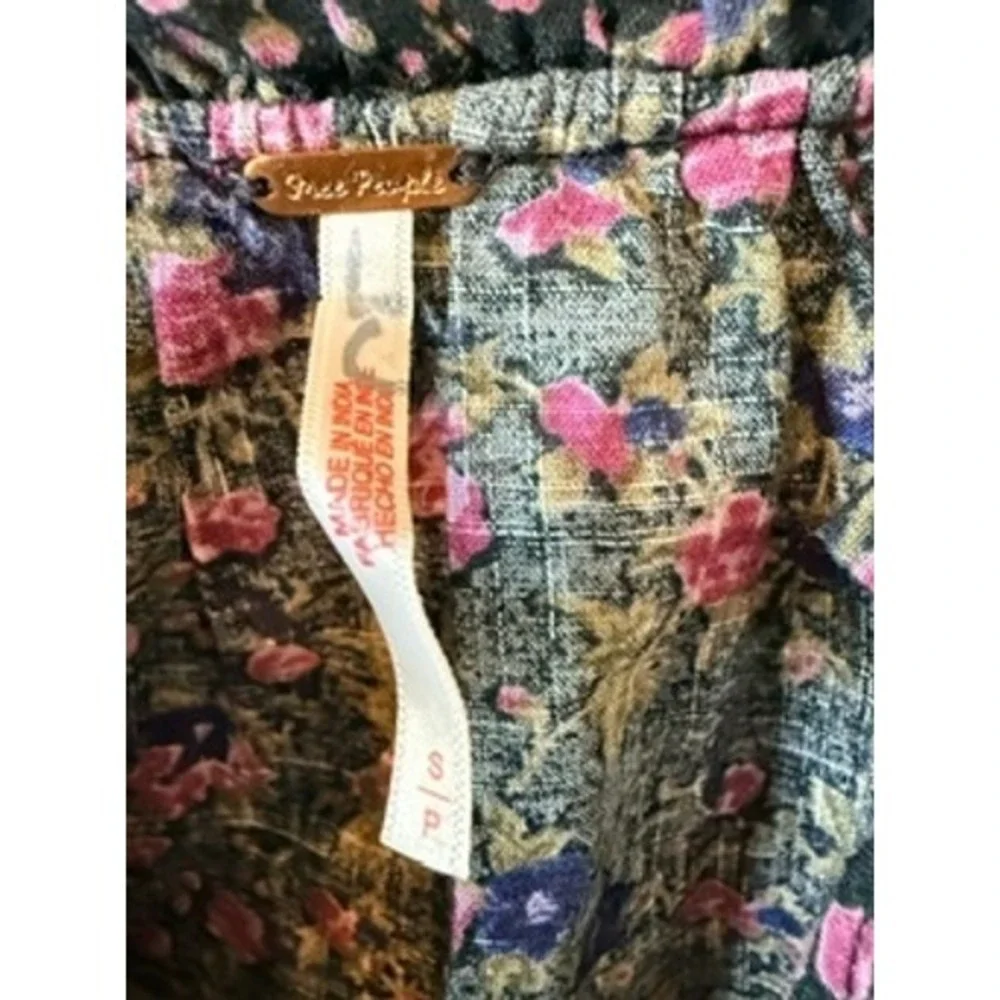 Free People Floral Puff Sleeve Blouse Pink Purple Cotton V-Neck Ruffle Top Small